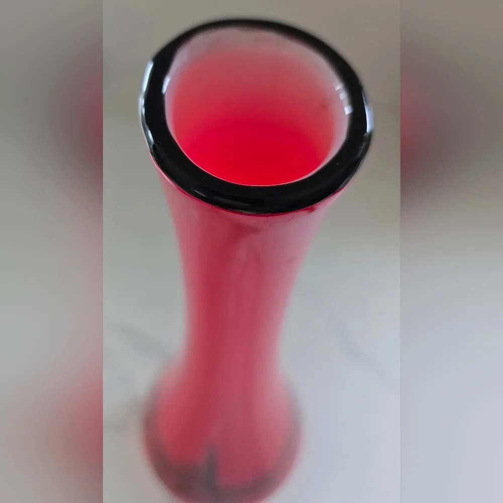 Vintage Hand Blown Red w/ Blue Yellow White Streaks Art Glass Vase 14.5 In. ‎ #2
